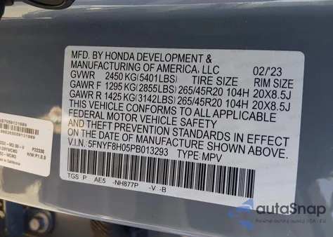 2023 Honda Passport Awd Elite from USA, damaged, VIN 5FNYF8H05PB013293